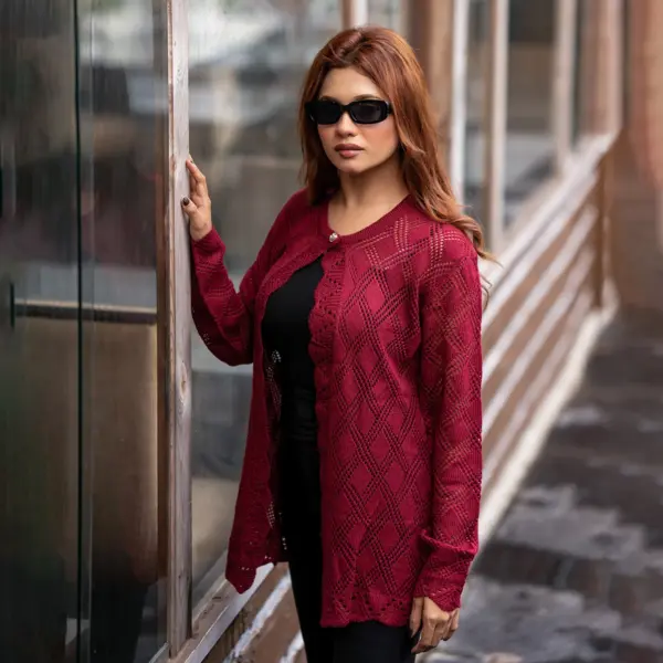 Elegant Maroon Crochet Cardigan for Women's - Image 5