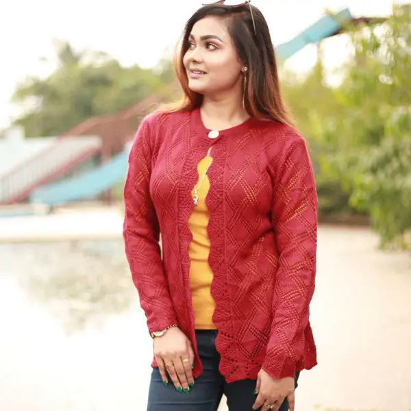 Elegant Maroon Crochet Cardigan for Women - Image 2