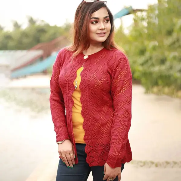 Elegant Maroon Crochet Cardigan for Women - Image 3