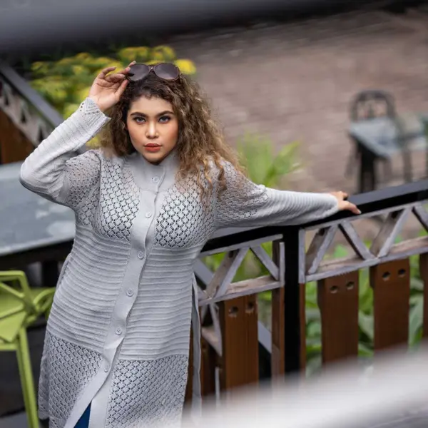 Women's Elegant Long Grey Button Knit Cardigan - Image 2