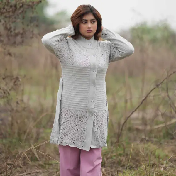 Women's Elegant Long Grey Button Knit Cardigan - Image 4