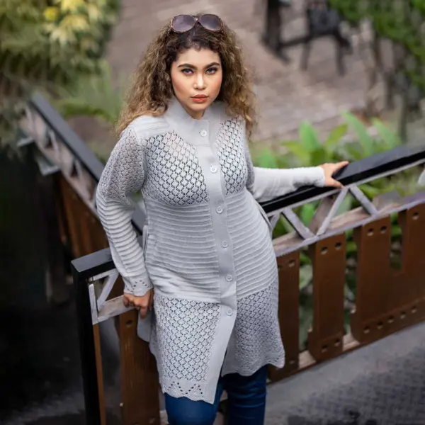 Women's Elegant Long Grey Button Knit Cardigan - Image 5