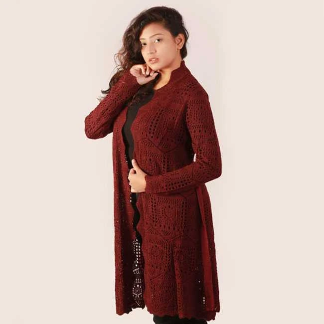 Women's Premium Long Maroon Knit Cardigan