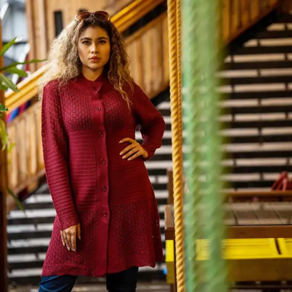Previous Next Maroon Long Knit Cardigan - Image 2
