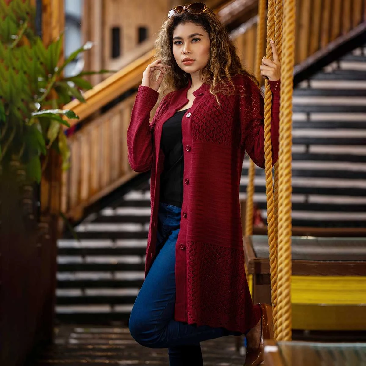 Previous Next Maroon Long Knit Cardigan