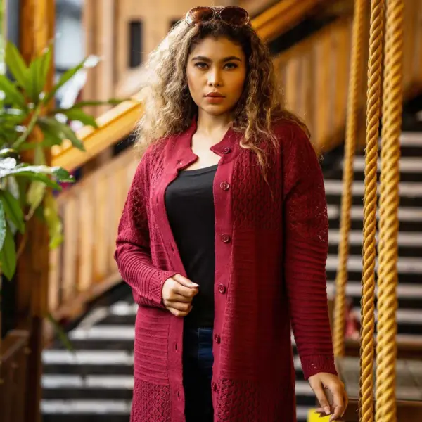 Previous Next Maroon Long Knit Cardigan - Image 5