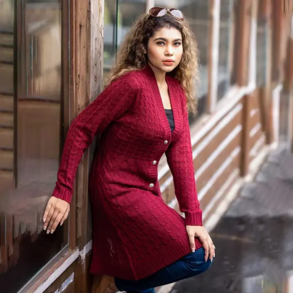 Women Long Maroon Knit Cardigan - Image 2