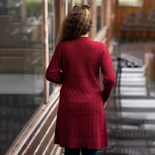 Women Long Maroon Knit Cardigan - Image 3