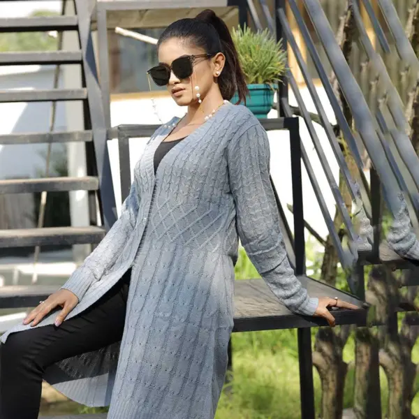 Women’s Long Light Grey Knit Cardigan - Image 2