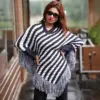 Women's Black & White Striped Knit Poncho - Image 6