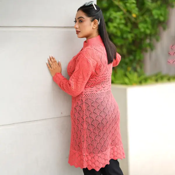 Stylish Coral Long Knitted Cardigan - Image 5