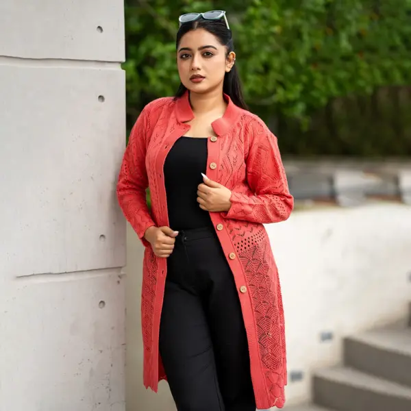 Stylish Coral Long Knitted Cardigan - Image 2