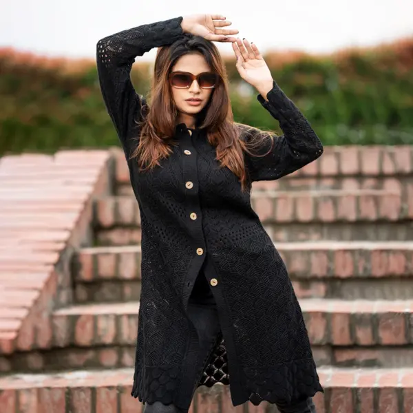 Elegant Black Long Knit Cardigan for Women - Image 3
