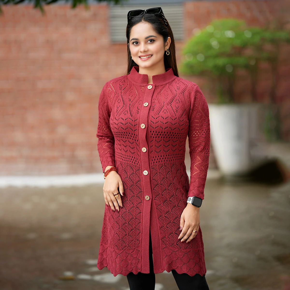 Elegant Maroon Long Knit Cardigan for Women - Image 3