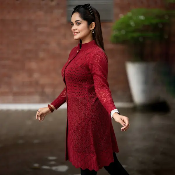 Elegant Maroon Long Knit Cardigan for Women - Image 4