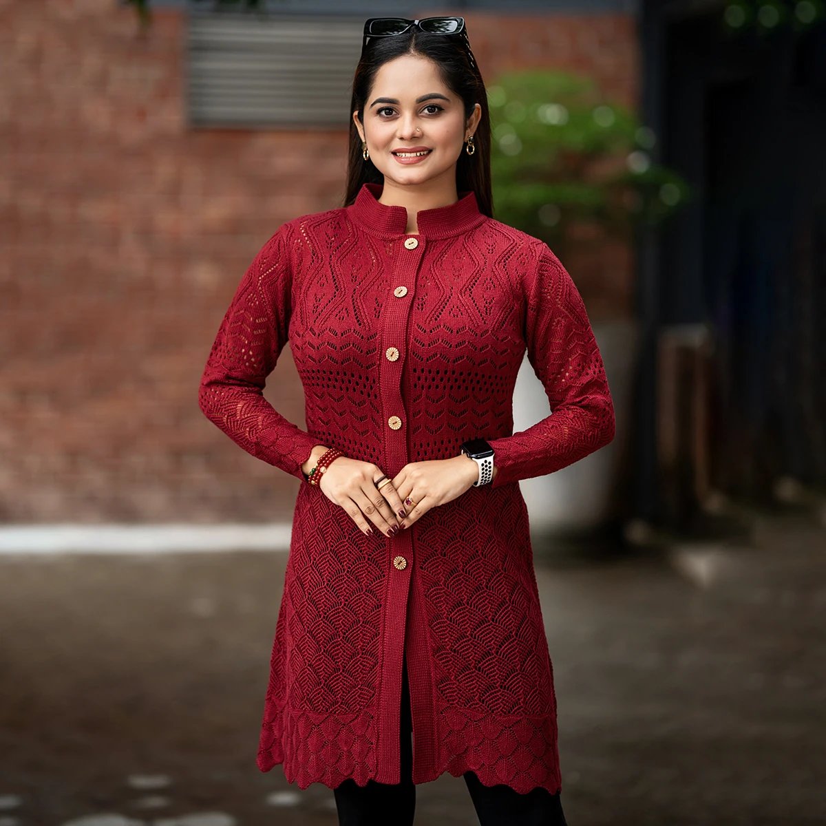 Elegant Maroon Long Knit Cardigan for Women - Image 7
