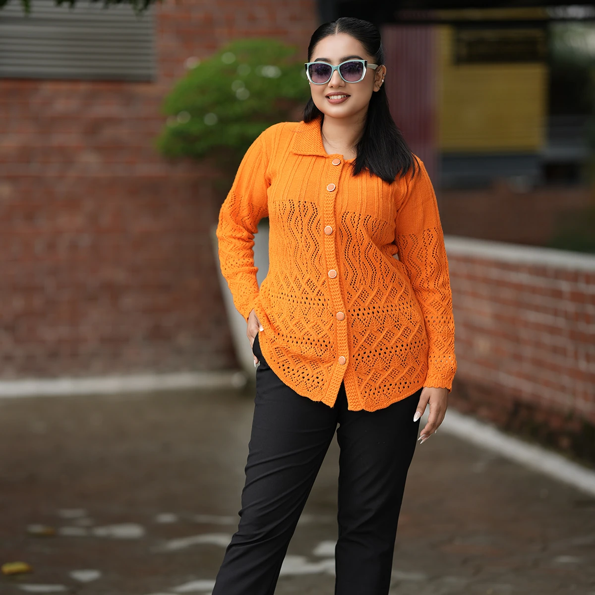 Bright Orange Knit Cardigan for Women - Image 3