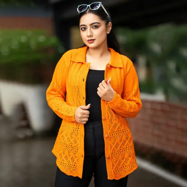 Bright Orange Knit Cardigan for Women - Image 5