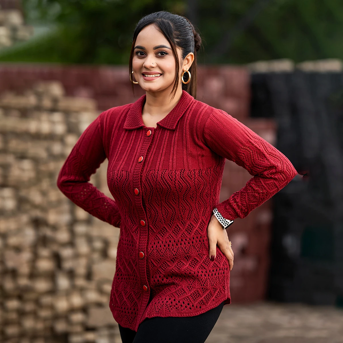 Elegant Maroon Knit Cardigan for Women