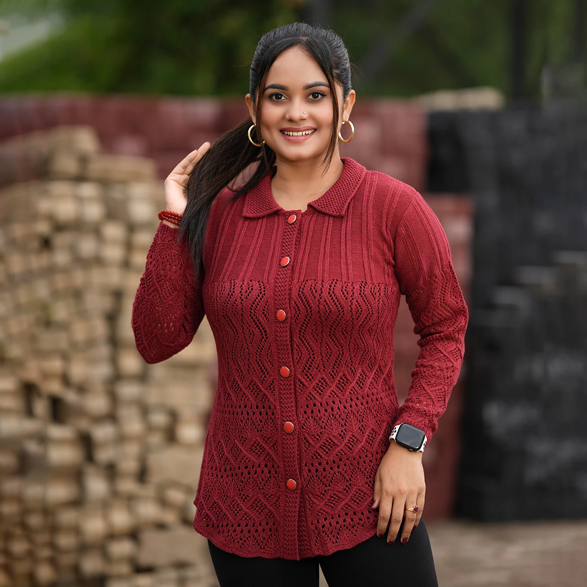 Elegant Maroon Knit Cardigan for Women - Image 2