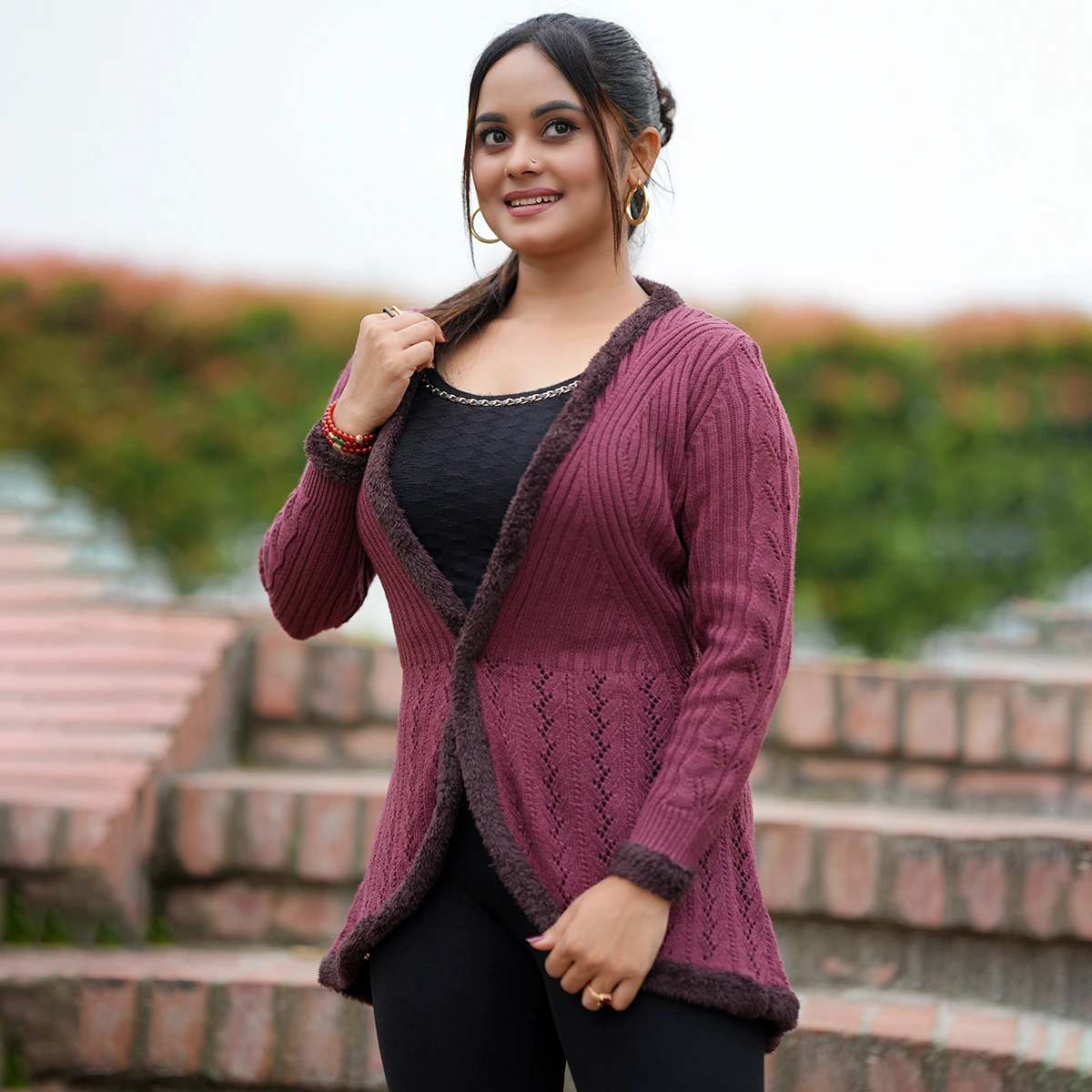 Elegant Wine Open Knit Cardigan for Women - Image 4