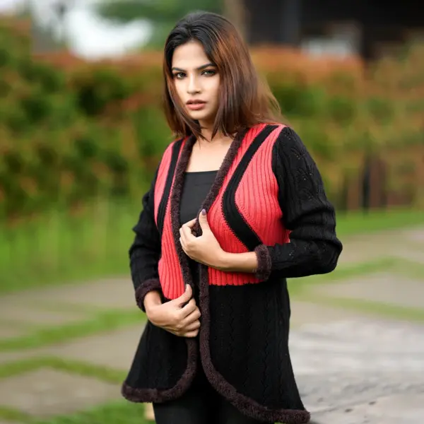 Stylish Black & Red Open Knit Cardigan for Women - Image 6