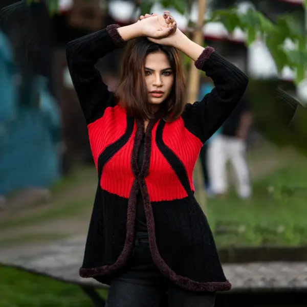 Stylish Black & Red Open Knit Cardigan for Women - Image 3