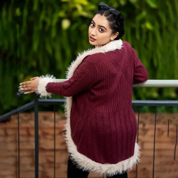 Luxury Wine Fur-Lined Open Knit Cardigan for Women - Image 2