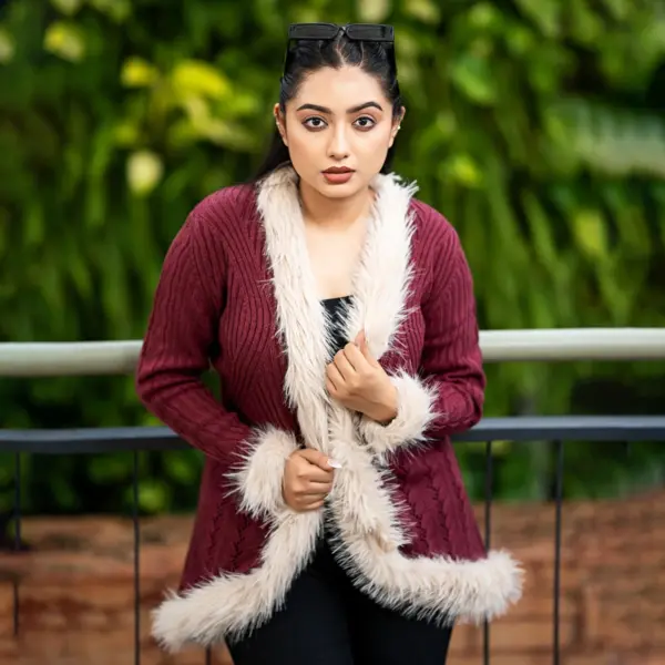 Luxury Wine Fur-Lined Open Knit Cardigan for Women - Image 3
