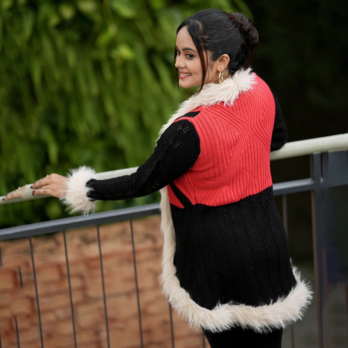 Premium Black & Red Fur-Lined Open Knit Cardigan for Women - Image 4