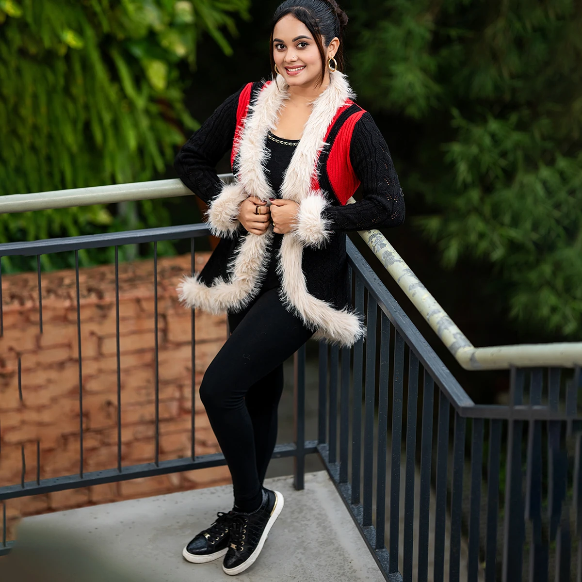 Premium Black & Red Fur-Lined Open Knit Cardigan for Women - Image 2