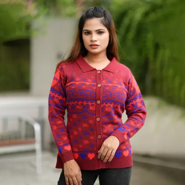 Classic Red & Blue Winter Knit Shirt for Women - Image 2