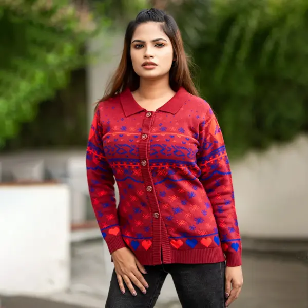 Classic Red & Blue Winter Knit Shirt for Women - Image 3