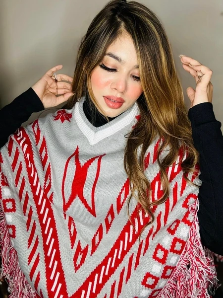 Women's Grey & Red Winter Poncho - Image 2